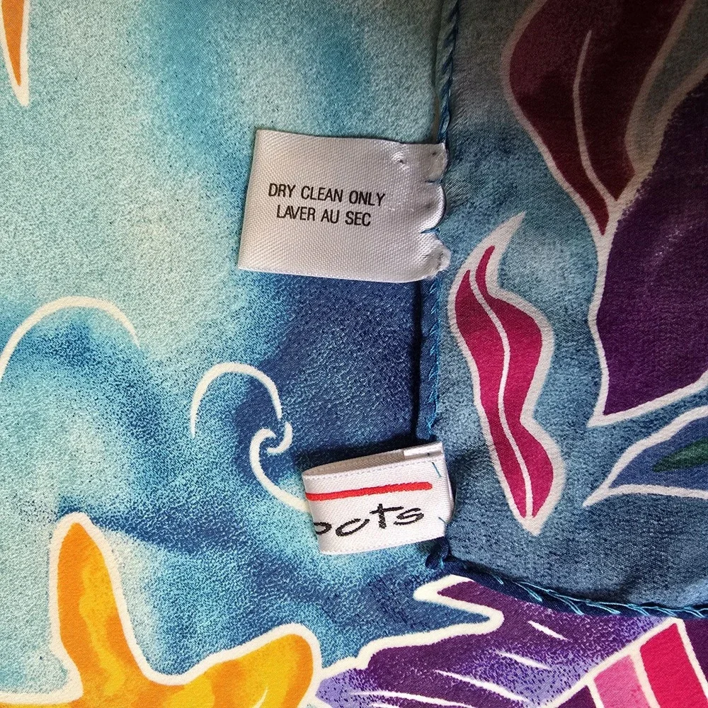 Talbots 100% Silk Scarf Tropical Fish Watercolor Square Hand Rolled Italy *Spots